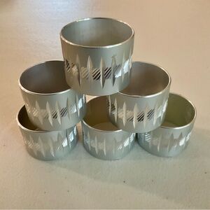 Art deco set of 6 Geometric Napkin Rings aluminum etched vintage